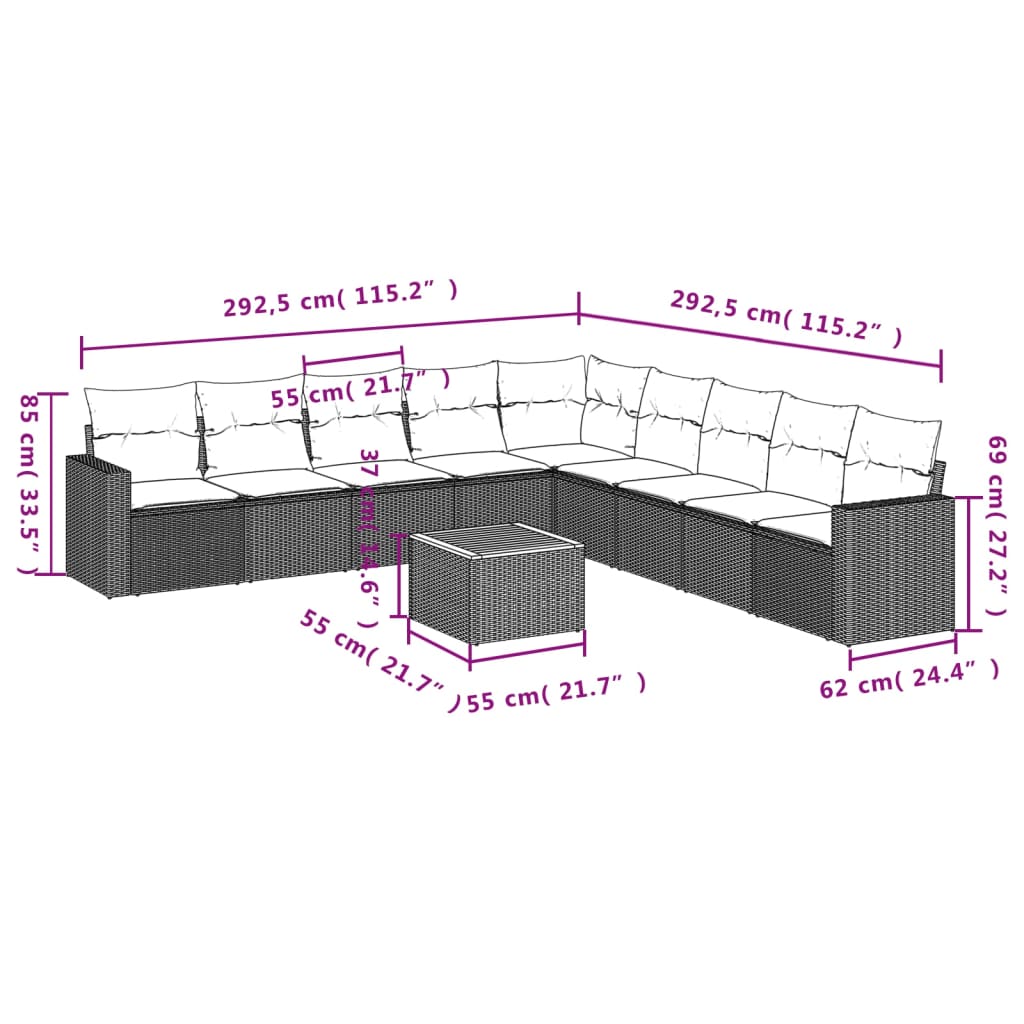 10 pcs conjunto sofás de jardim c/ almofadões vime PE preto - Leva - Me - Contigo