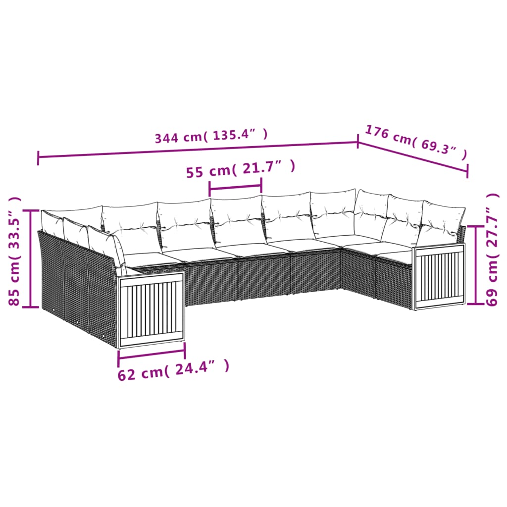 10 pcs conjunto sofás de jardim c/ almofadões vime PE preto - Leva - Me - Contigo