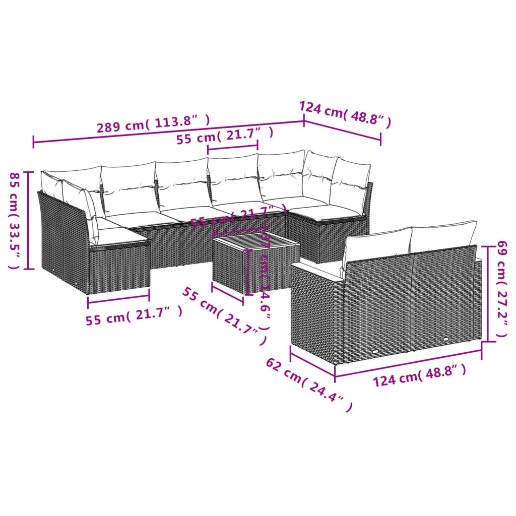 10 pcs conjunto sofás de jardim c/ almofadões vime PE preto - Leva - Me - Contigo