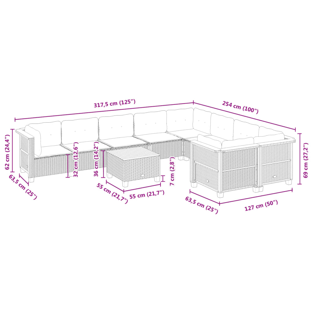 10 pcs conjunto sofás de jardim c/ almofadões vime PE preto - Leva - Me - Contigo