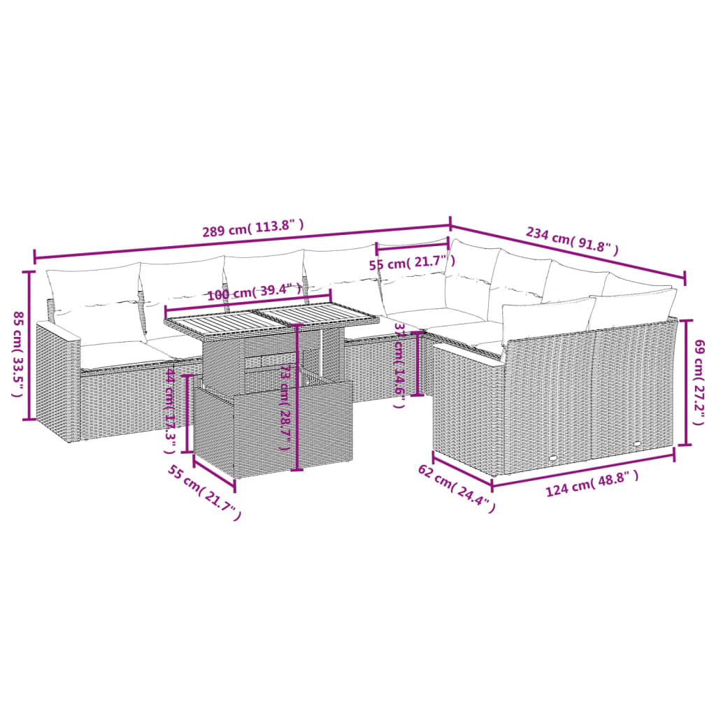 10 pcs conjunto sofás de jardim c/ almofadões vime PE preto - Leva - Me - Contigo