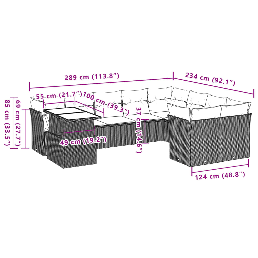 10 pcs conjunto sofás de jardim c/ almofadões vime PE preto - Leva - Me - Contigo