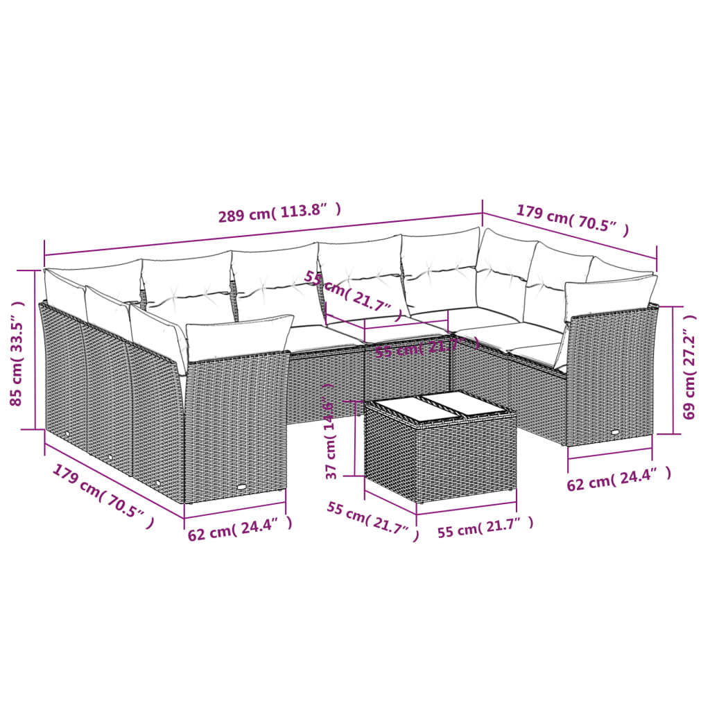 10 pcs conjunto sofás de jardim c/ almofadões vime PE preto - Leva - Me - Contigo