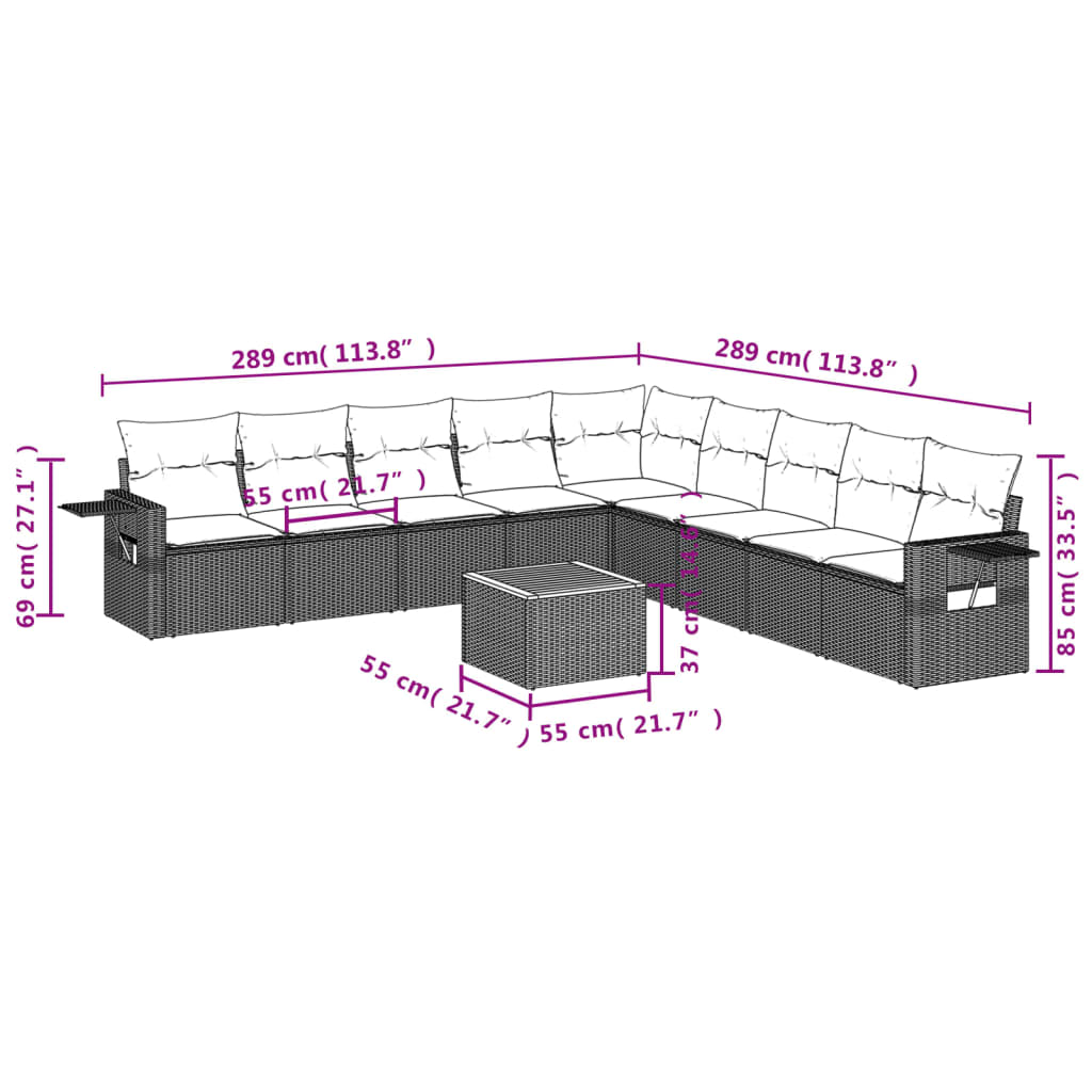 10 pcs conjunto sofás de jardim c/ almofadões vime PE preto - Leva - Me - Contigo