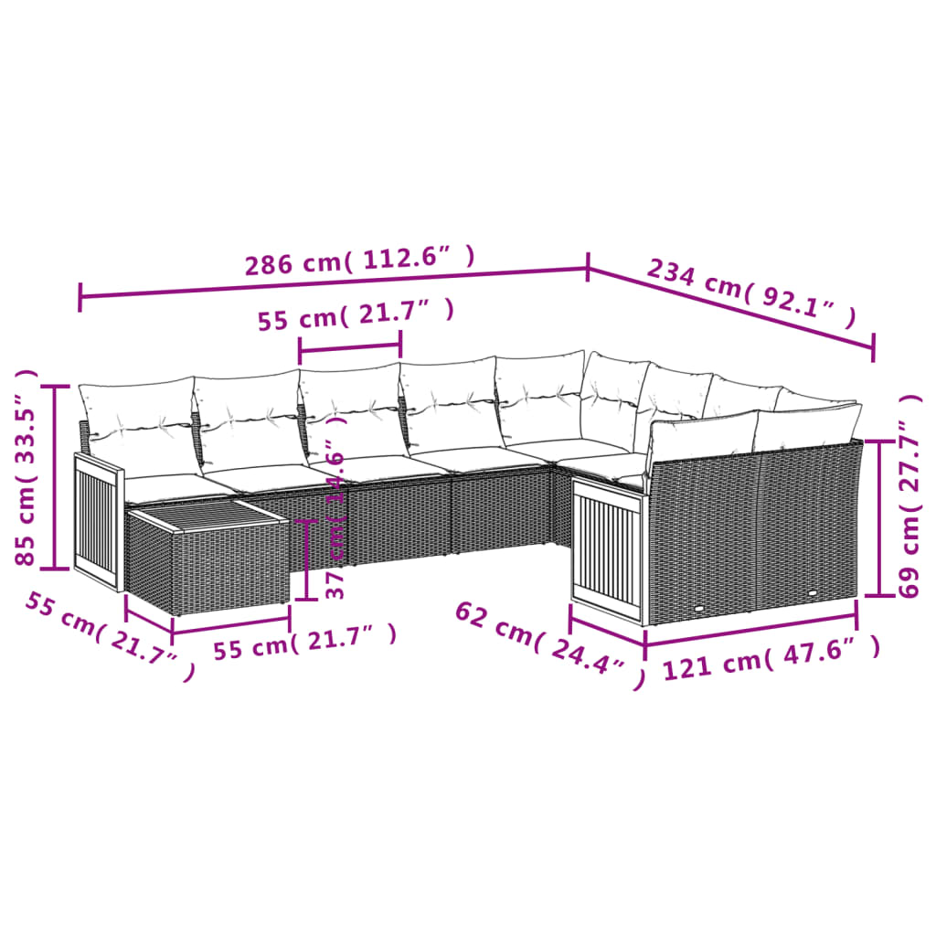 10 pcs conjunto sofás de jardim c/ almofadões vime PE preto - Leva - Me - Contigo