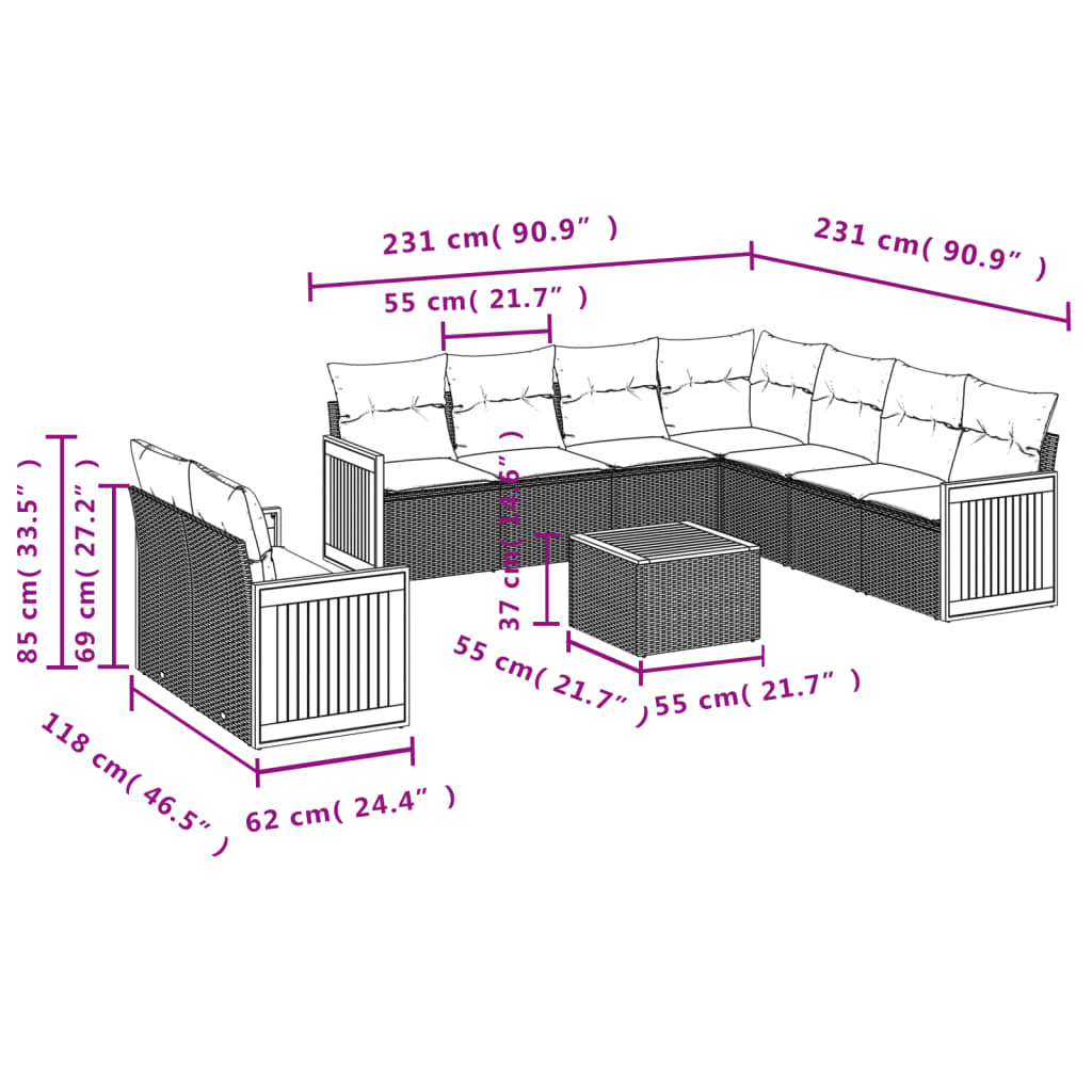 10 pcs conjunto sofás de jardim c/ almofadões vime PE preto - Leva - Me - Contigo