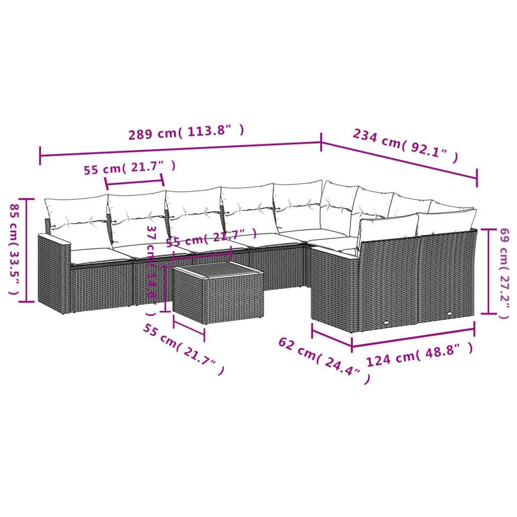 10 pcs conjunto sofás de jardim c/ almofadões vime PE preto - Leva - Me - Contigo