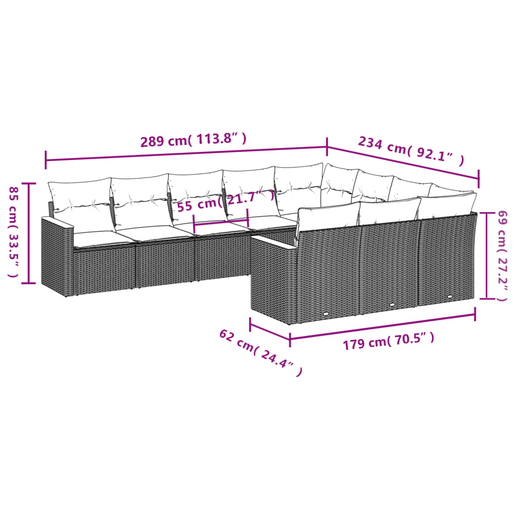 10 pcs conjunto sofás de jardim c/ almofadões vime PE preto - Leva - Me - Contigo