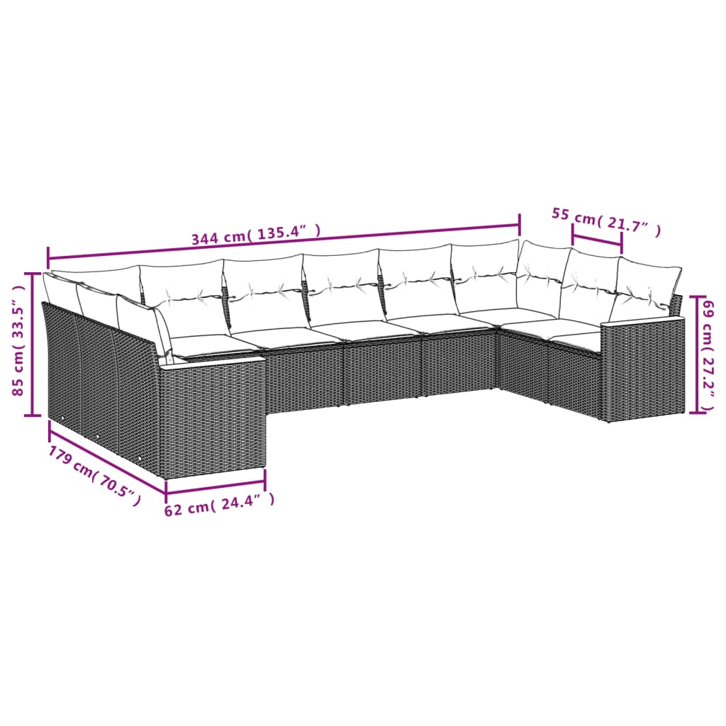 10 pcs conjunto sofás de jardim c/ almofadões vime PE preto - Leva - Me - Contigo