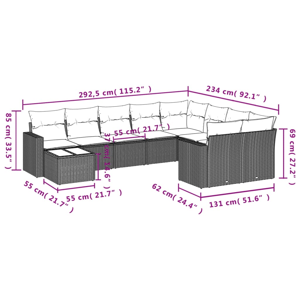 10 pcs conjunto sofás de jardim c/ almofadões vime PE preto - Leva - Me - Contigo