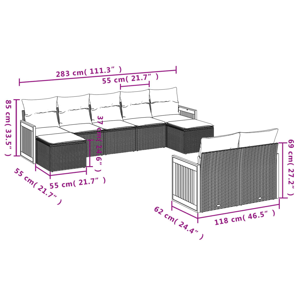 10 pcs conjunto sofás de jardim c/ almofadões vime PE preto - Leva - Me - Contigo