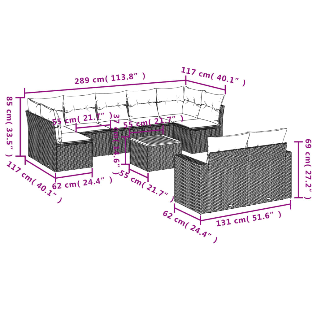 10 pcs conjunto sofás de jardim c/ almofadões vime PE preto - Leva - Me - Contigo