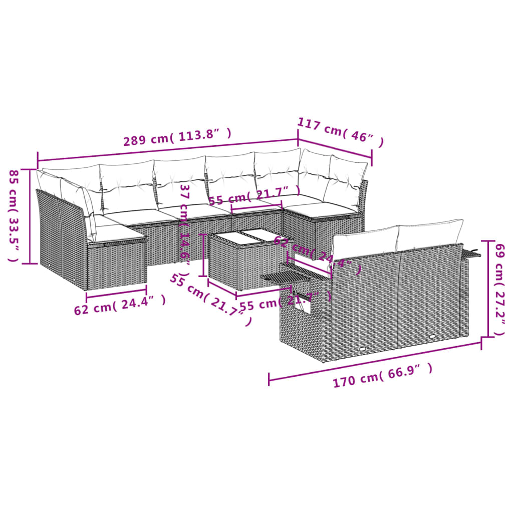 10 pcs conjunto sofás de jardim c/ almofadões vime PE preto - Leva - Me - Contigo