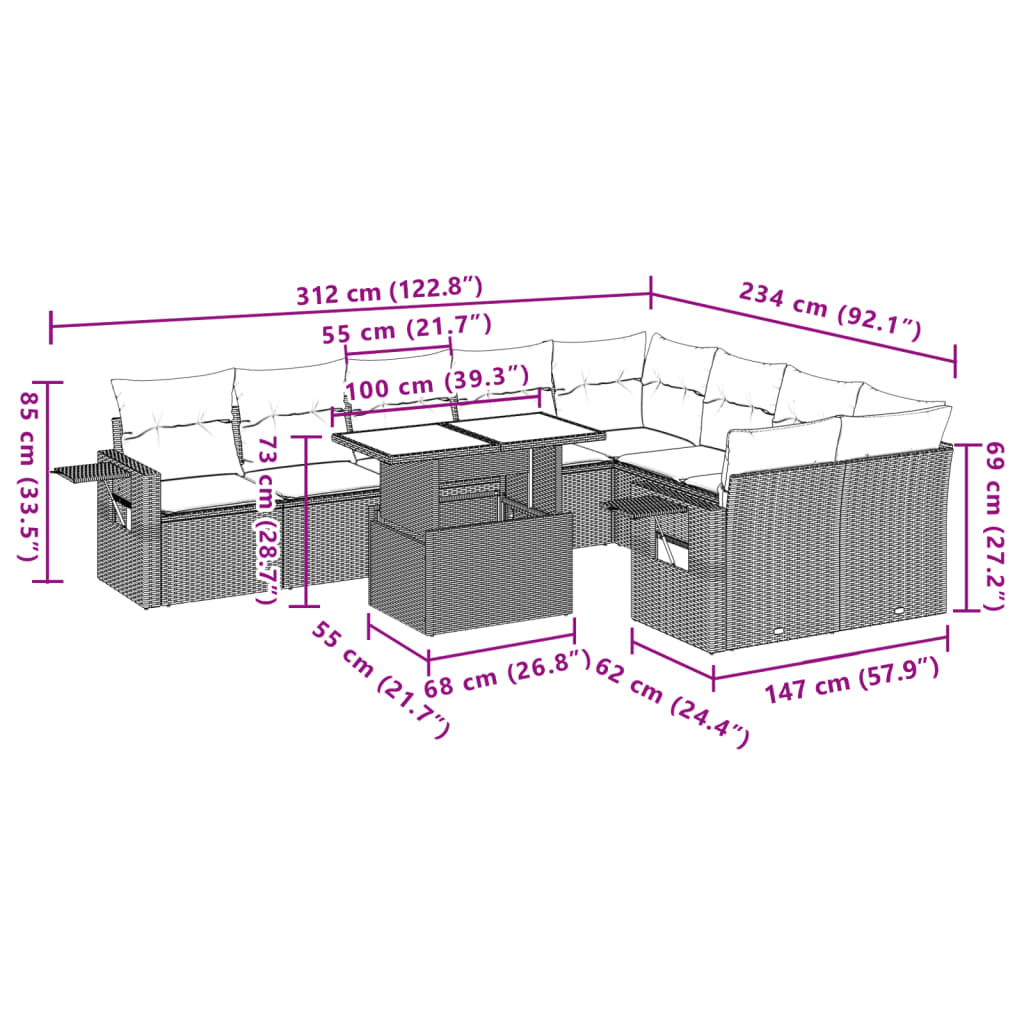 10 pcs conjunto sofás de jardim c/ almofadões vime PE preto - Leva - Me - Contigo