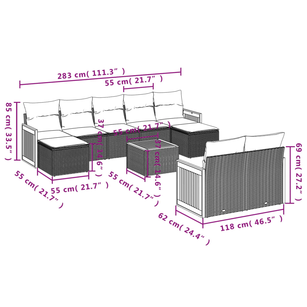 10 pcs conjunto sofás de jardim c/ almofadões vime PE preto - Leva - Me - Contigo