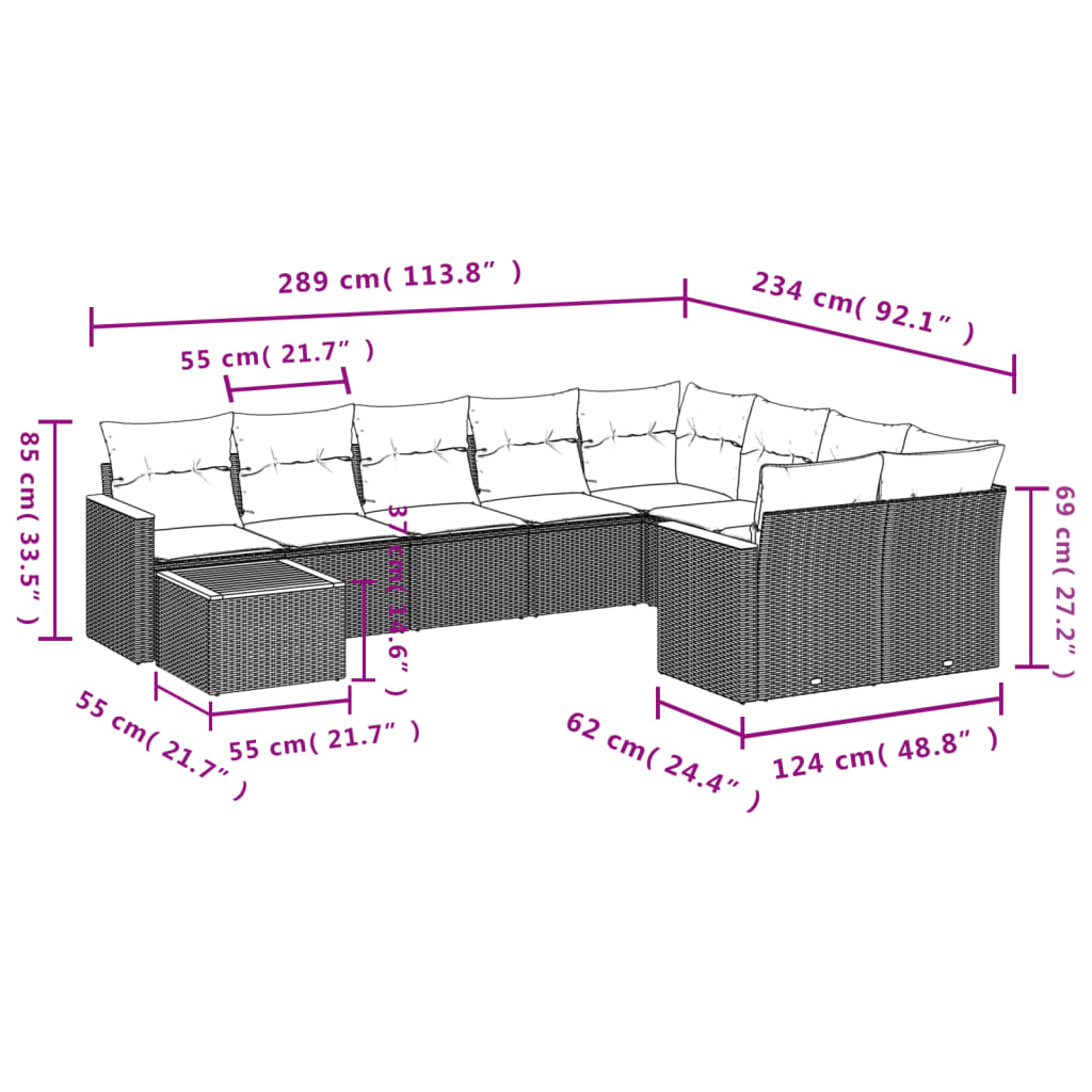 10 pcs conjunto sofás de jardim c/ almofadões vime PE preto - Leva - Me - Contigo