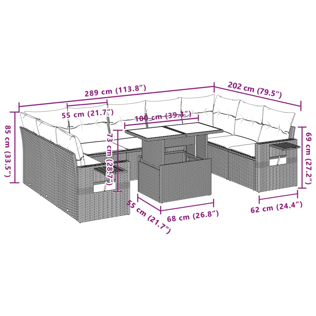 10 pcs conjunto sofás de jardim c/ almofadões vime PE preto - Leva - Me - Contigo