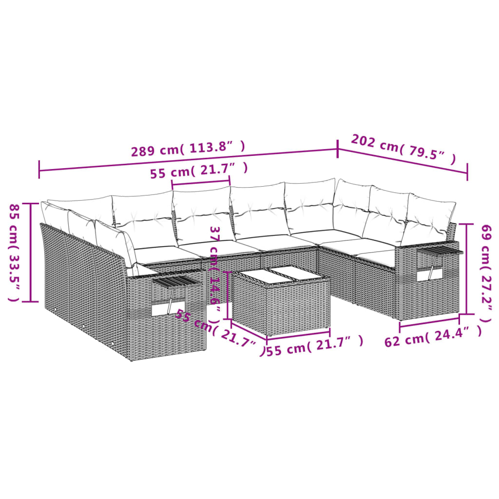 10 pcs conjunto sofás de jardim c/ almofadões vime PE preto - Leva - Me - Contigo