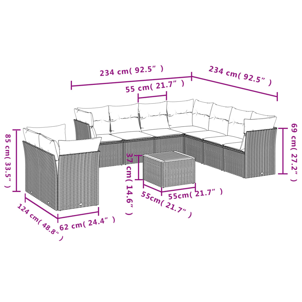 10 pcs conjunto sofás de jardim c/ almofadões vime PE preto - Leva - Me - Contigo