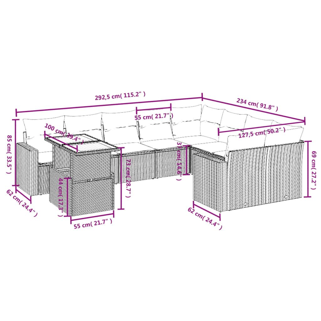 10 pcs conjunto sofás de jardim c/ almofadões vime PE preto - Leva - Me - Contigo