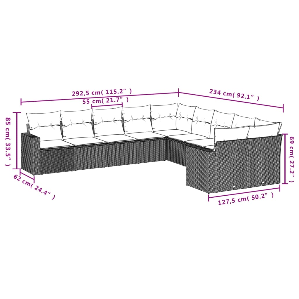 10 pcs conjunto sofás de jardim c/ almofadões vime PE preto - Leva - Me - Contigo