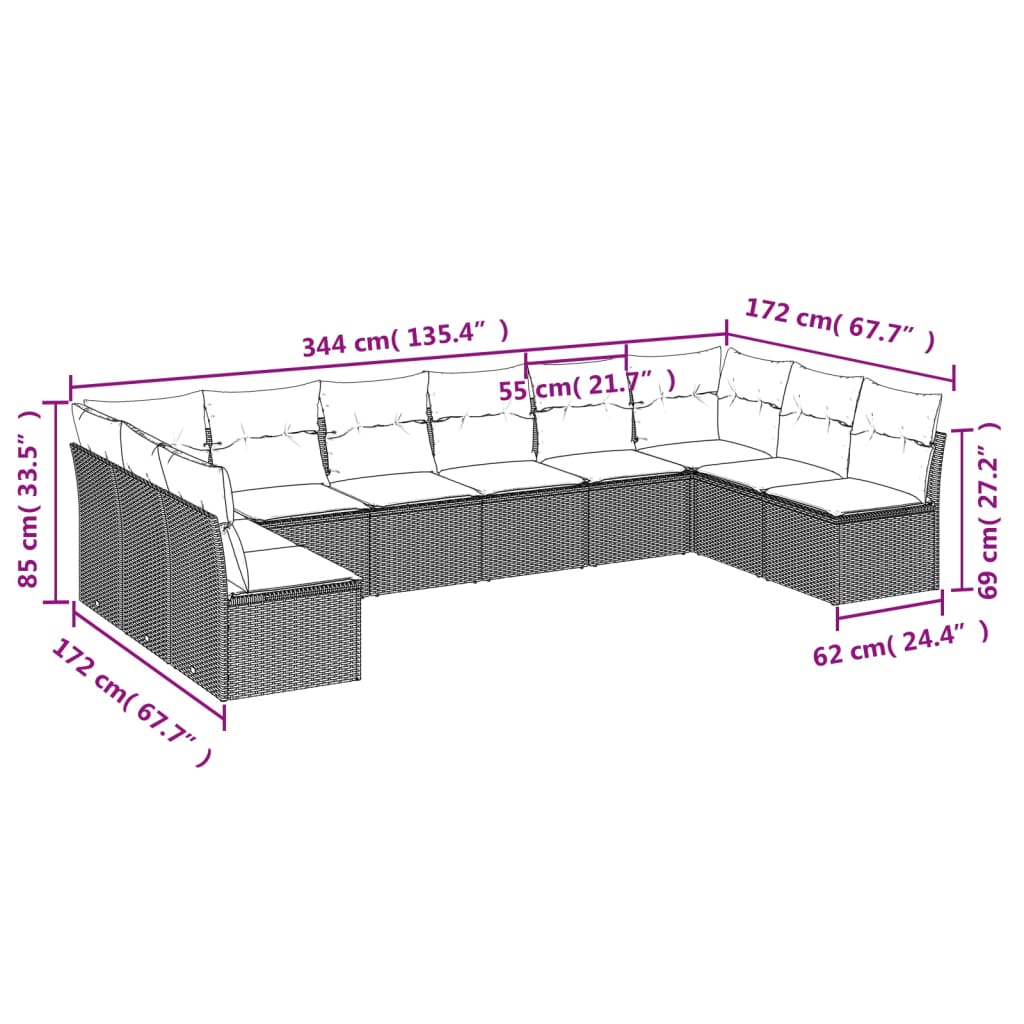 10 pcs conjunto sofás de jardim c/ almofadões vime PE preto - Leva - Me - Contigo