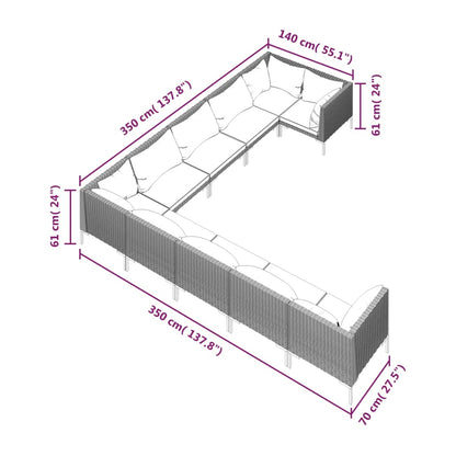 10pcs conj. lounge jardim c/ almofadões vime PE cinzento - escuro - Leva - Me - Contigo