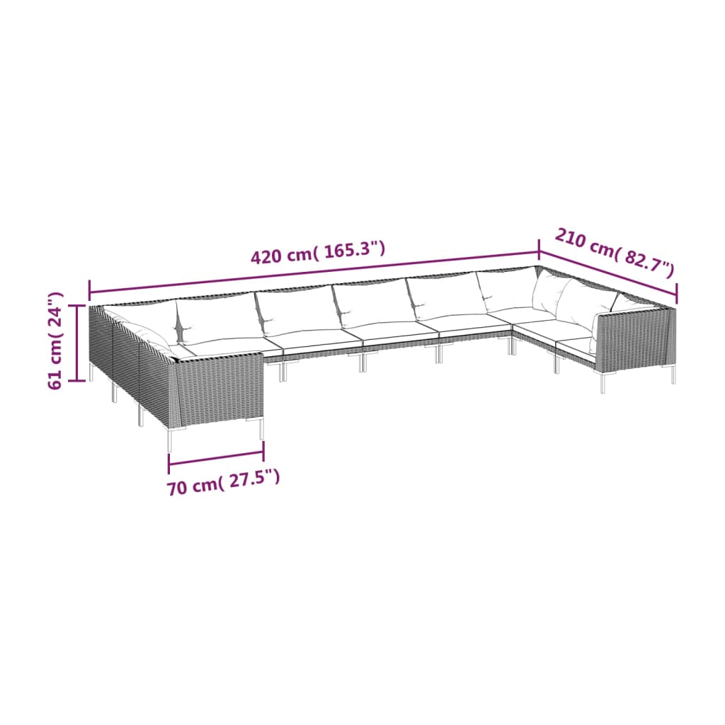 10pcs conj. lounge jardim c/ almofadões vime PE cinzento - escuro - Leva - Me - Contigo