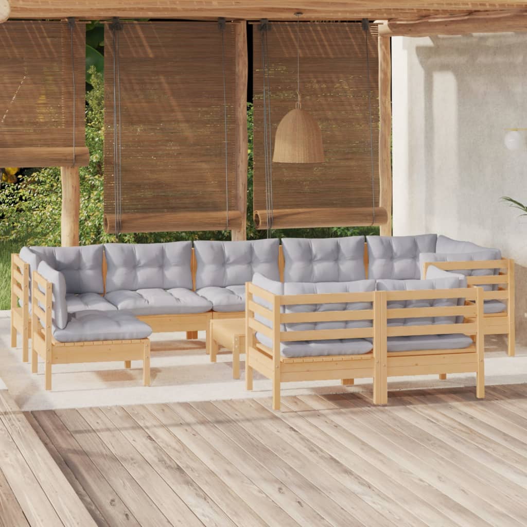 10pcs conjunto lounge de jardim + almofadões cinza pinho maciço - Leva - Me - Contigo