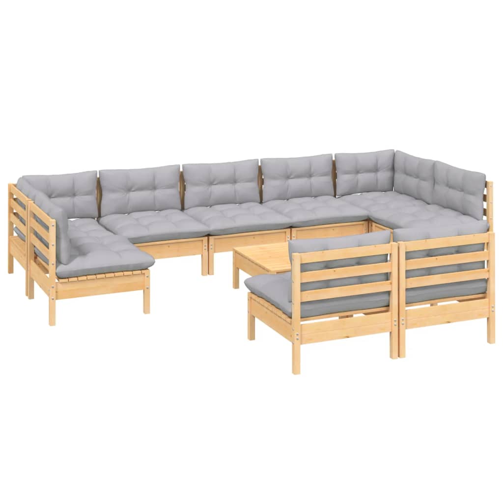 10pcs conjunto lounge de jardim + almofadões cinza pinho maciço - Leva - Me - Contigo