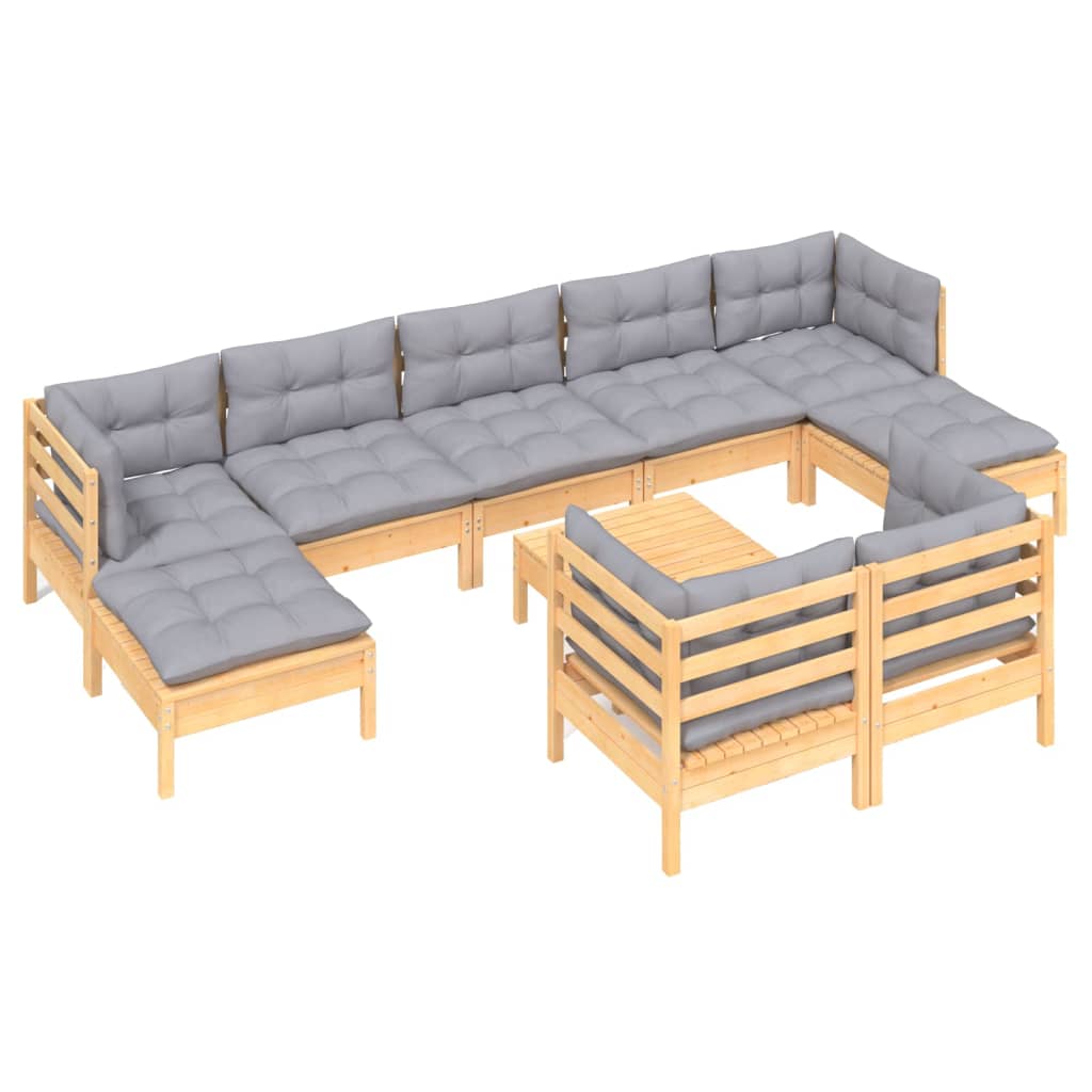 10pcs conjunto lounge de jardim + almofadões cinza pinho maciço - Leva - Me - Contigo