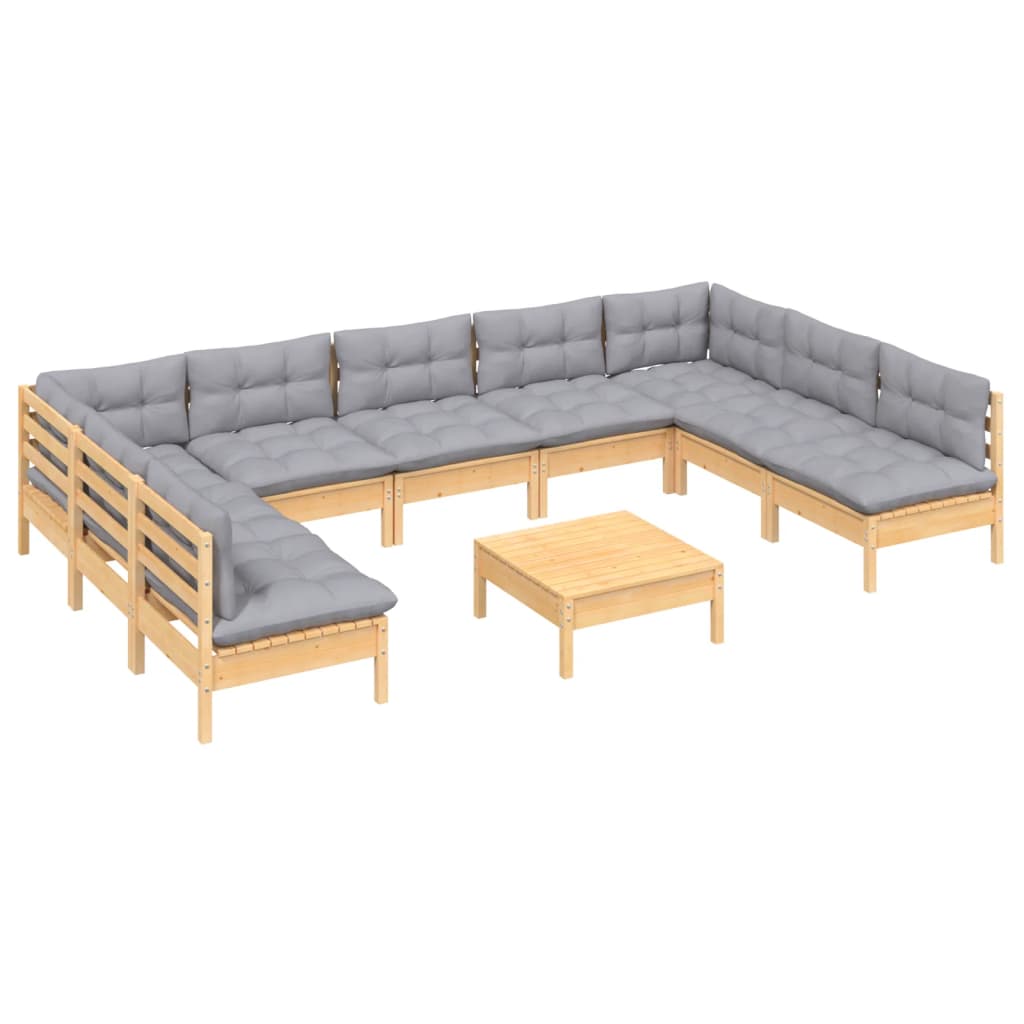 10pcs conjunto lounge de jardim + almofadões cinza pinho maciço - Leva - Me - Contigo