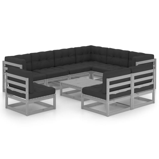 10pcs conjunto lounge de jardim + almofadões pinho maciço cinza - Leva - Me - Contigo