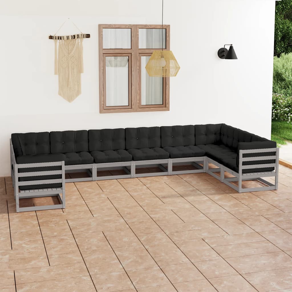 10pcs conjunto lounge de jardim + almofadões pinho maciço cinza - Leva - Me - Contigo