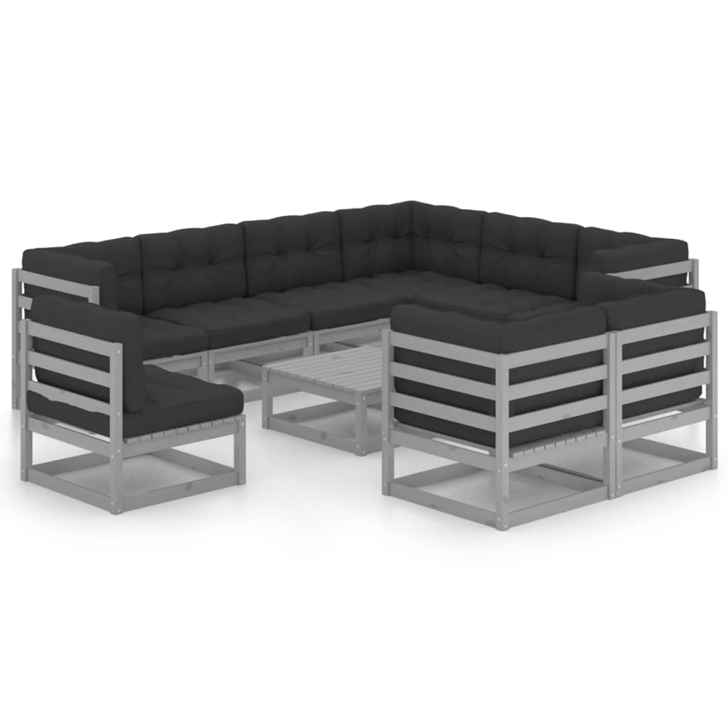 10pcs conjunto lounge de jardim + almofadões pinho maciço cinza - Leva - Me - Contigo