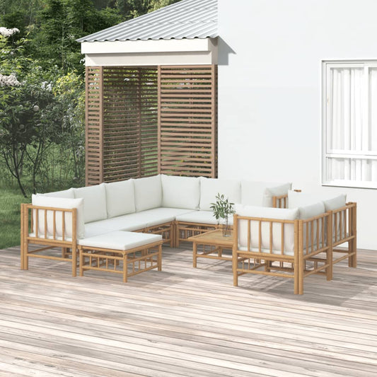 10pcs conjunto lounge de jardim bambu c/ almofadões branco nata - Leva - Me - Contigo