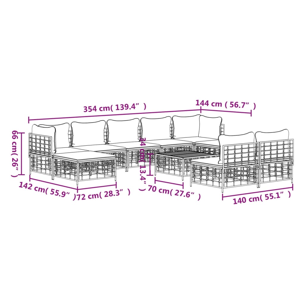 10pcs conjunto lounge de jardim c/ almofadões vime PE antracite - Leva - Me - Contigo