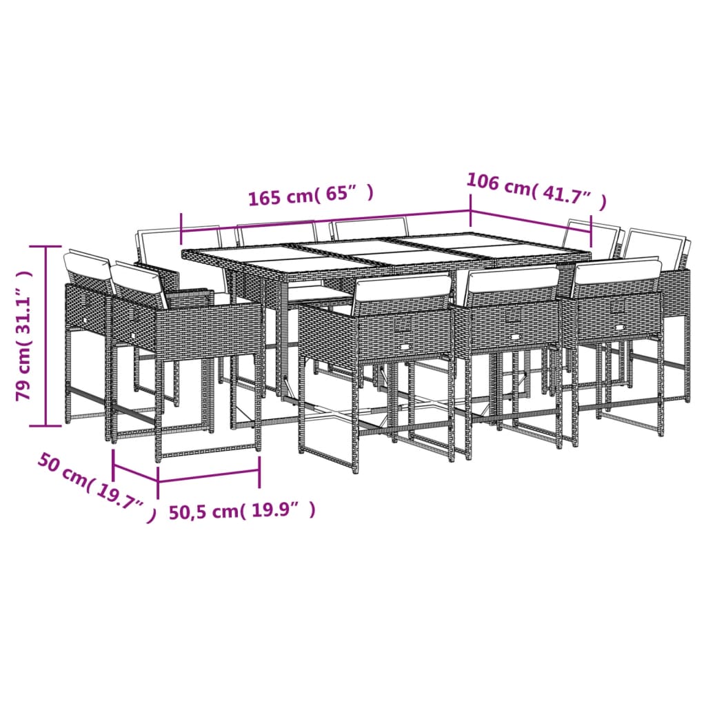 11 pcs conj. jantar jardim c/ almofadões vime PE bege misturado - Leva - Me - Contigo