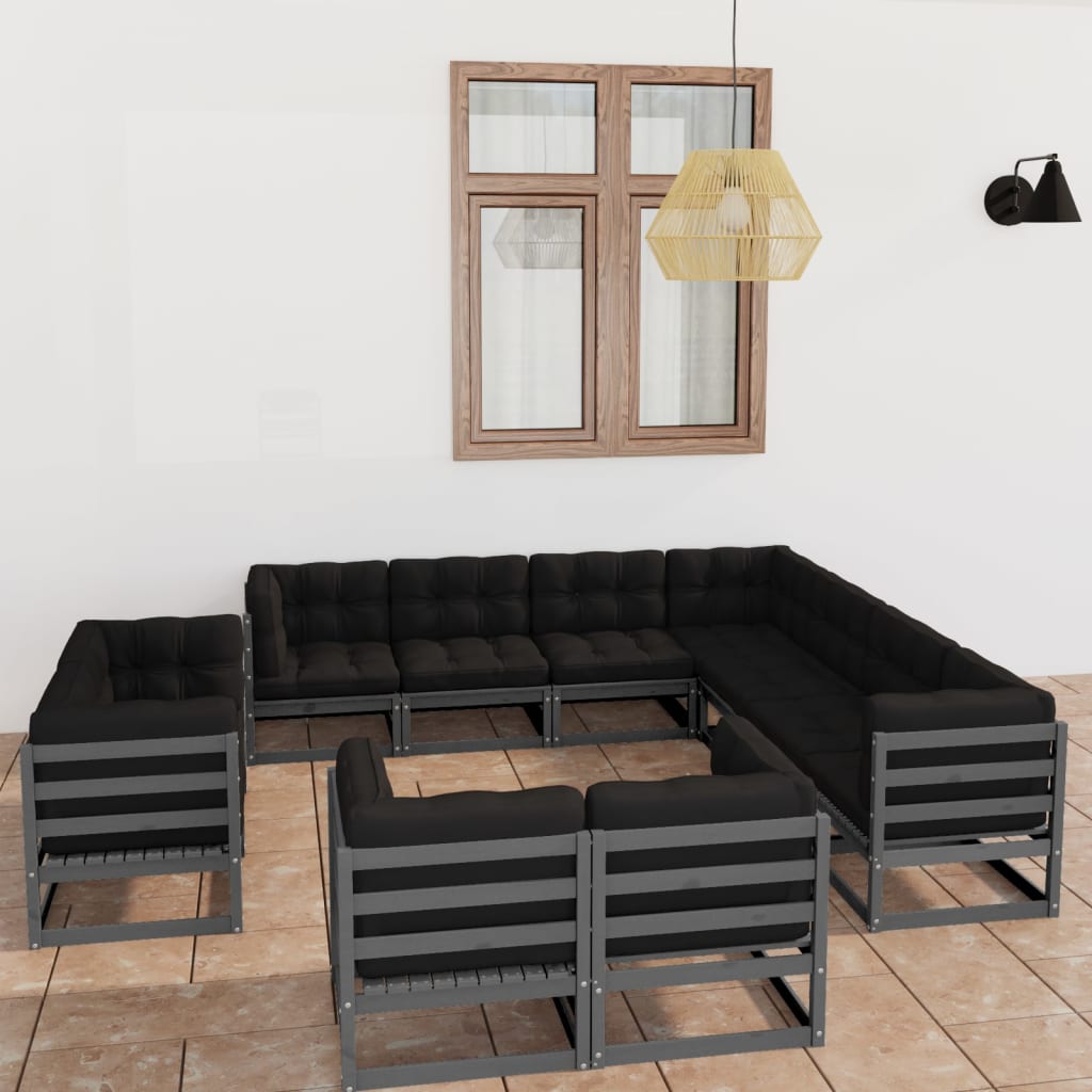 11 pcs conj. lounge de jardim + almofadões pinho maciço cinza - Leva - Me - Contigo