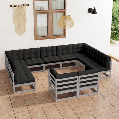 11 pcs conj. lounge jardim c/ almofadões pinho maciço cinzento - Leva - Me - Contigo