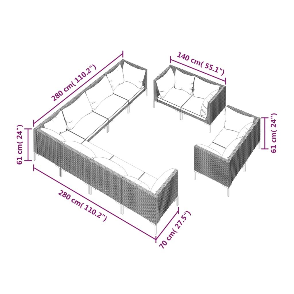 11 pcs conj. lounge jardim c/ almofadões vime PE cinza - escuro - Leva - Me - Contigo