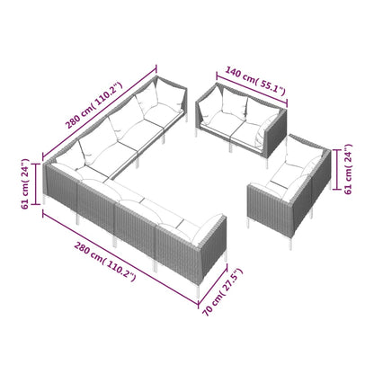 11 pcs conj. lounge jardim c/ almofadões vime PE cinza - escuro - Leva - Me - Contigo