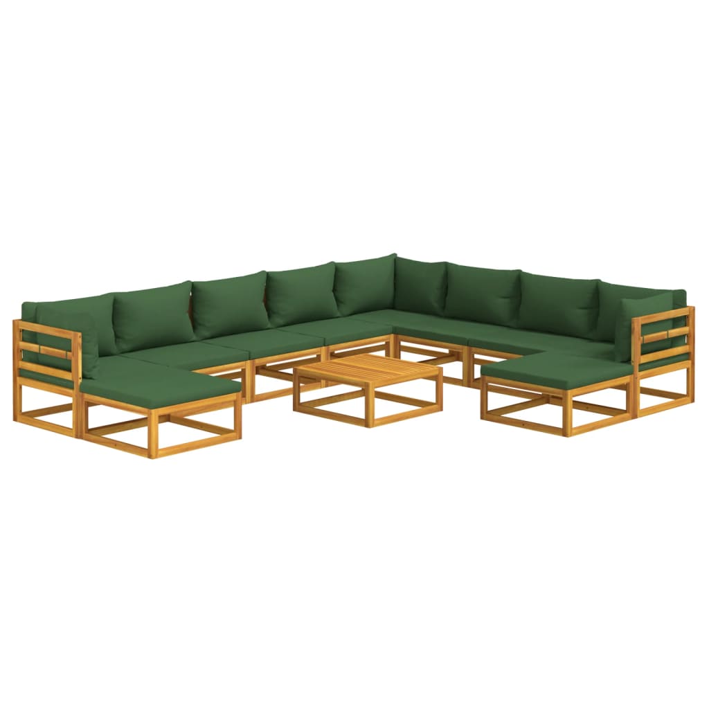 11 pcs conj. lounge jardim madeira c/almofadões verdes - Leva - Me - Contigo