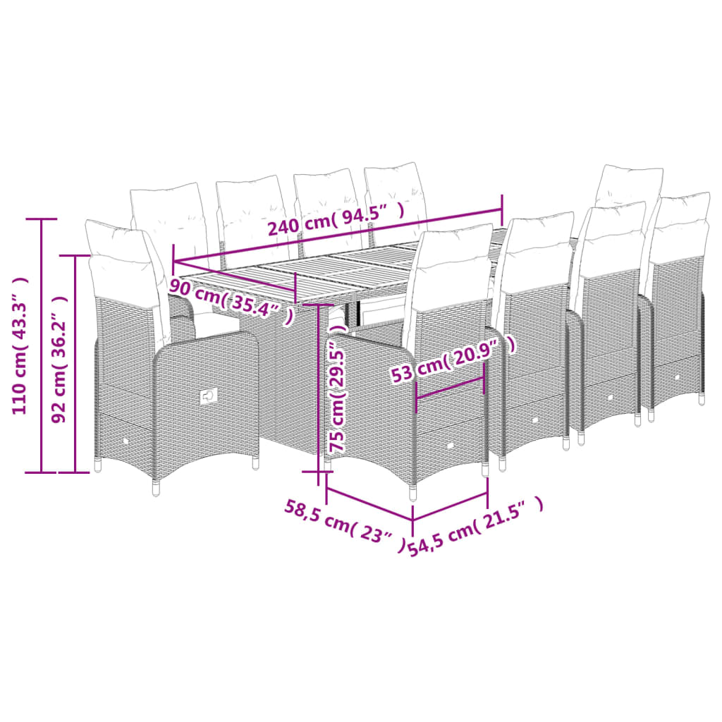 11 pcs conjunto bistrô de jardim c/ almofadões vime PE cinzento - Leva - Me - Contigo