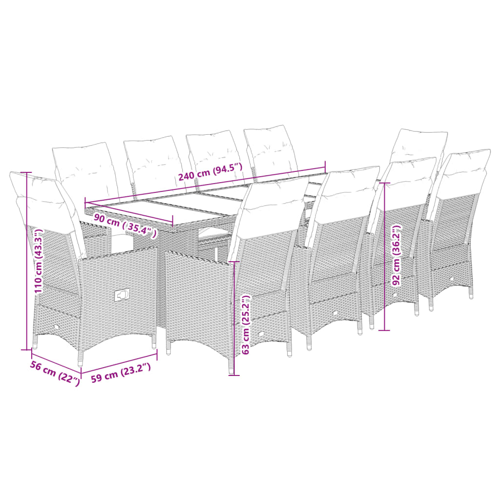 11 pcs conjunto bistrô de jardim c/ almofadões vime PE cinzento - Leva - Me - Contigo