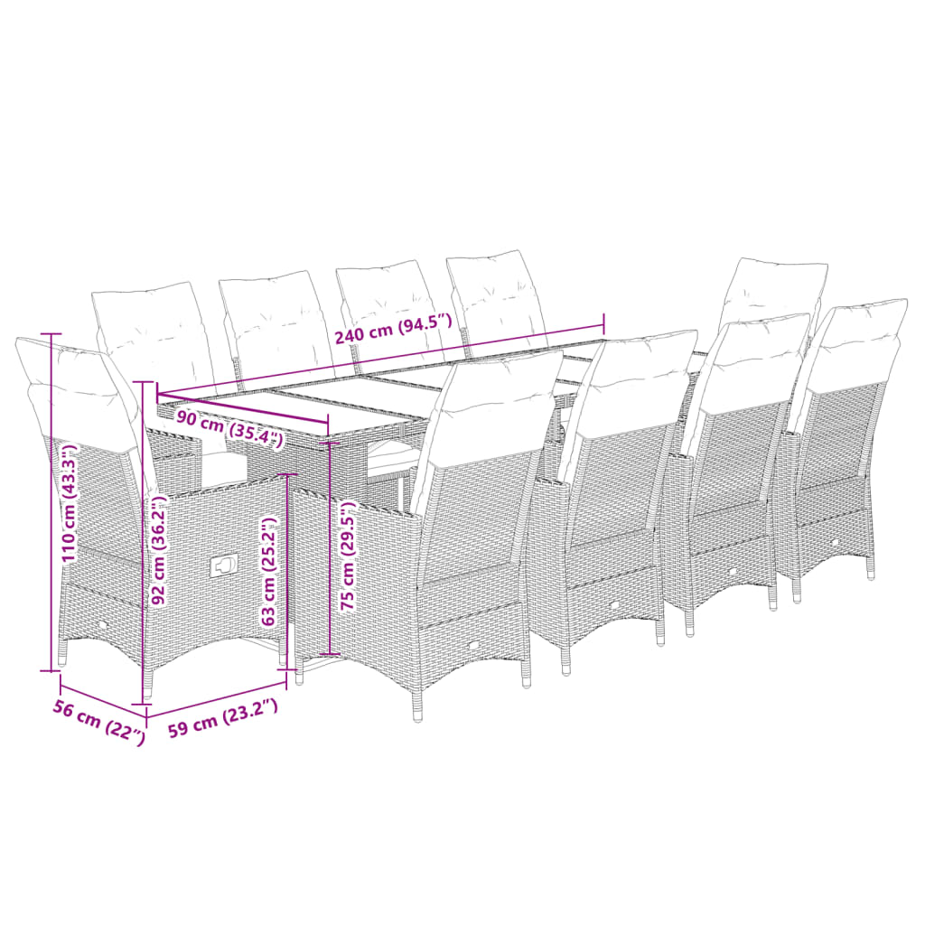 11 pcs conjunto bistrô de jardim c/ almofadões vime PE cinzento - Leva - Me - Contigo