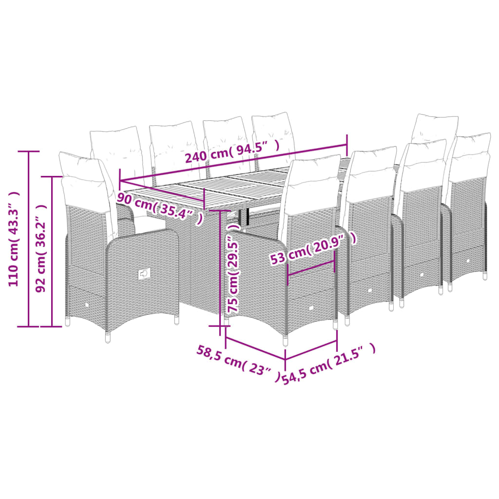 11 pcs conjunto bistrô de jardim c/ almofadões vime PE cinzento - Leva - Me - Contigo