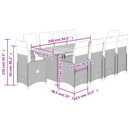 11 pcs conjunto bistrô de jardim c/ almofadões vime PE cinzento - Leva - Me - Contigo