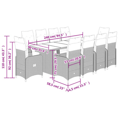 11 pcs conjunto bistrô de jardim c/ almofadões vime PE cinzento - Leva - Me - Contigo