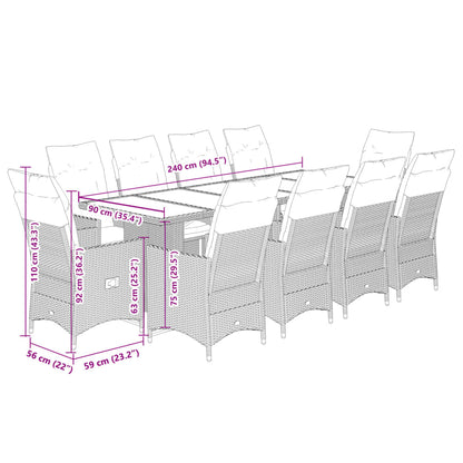 11 pcs conjunto bistrô de jardim c/ almofadões vime PE cinzento - Leva - Me - Contigo